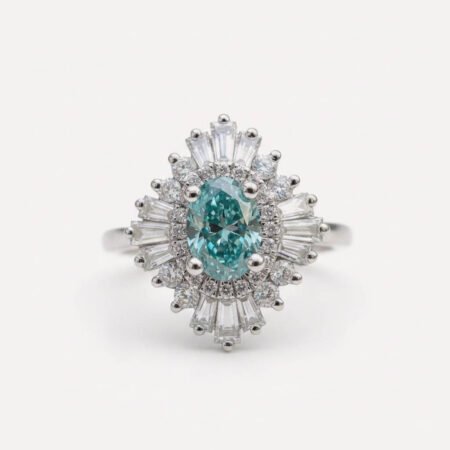 Oval Cyan Blue Moissanite Halo Ring 0.83CT, Vintage Baguette Cluster Ring, Sunburst Halo Engagement Ring, Antique Bridal Ring