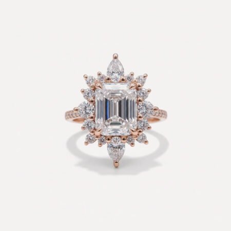 Emerald Cut Moissanite Halo Ring 2.63CT, Vintage Floral Halo Engagement Ring, Pear & Round Cluster Bridal Ring, Statement Ring