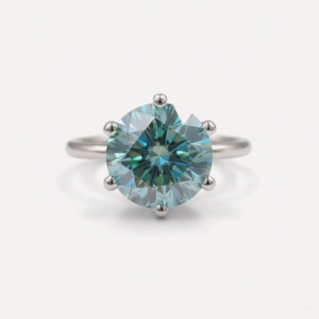 Round Cyan Blue Moissanite Ring 3.21CT, 6 Prong Solitaire Engagement Ring, Blue Stone Wedding Ring, Unique Bridal Ring Gold