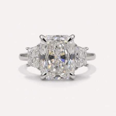 Radiant Cut Moissanite Three Stone Ring 2.41CT, Trapezoid Side Stones, Claw Prong Engagement Ring, Colorless VVS Bridal Ring
