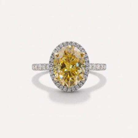 Oval Canary Yellow Moissanite Halo Ring 2.70CTW, Pave Engagement Ring, Yellow Stone Bridal Ring, Anniversary Ring Gold