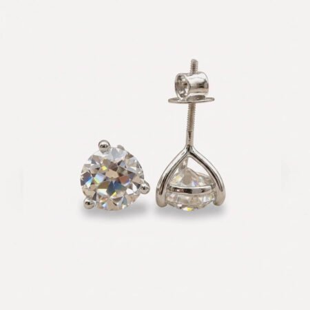 3.92 TCW Old European Cut Moissanite Stud Earrings, Martini Set 3 Prong Studs, Colorless VVS Bridal Earrings, Gold Wedding Earrings