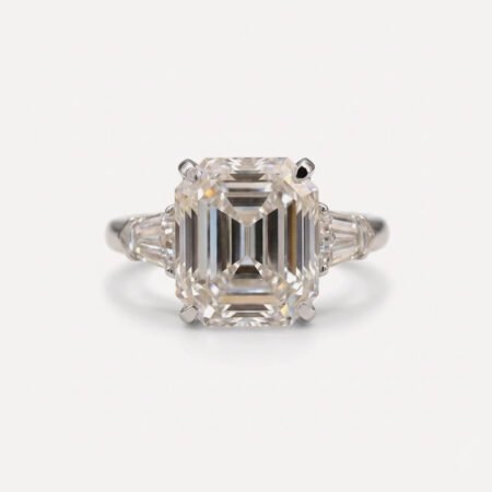 10 CT Emerald Cut Moissanite Three Stone Ring, Krupp Cut Engagement Ring, Tapered Bullet Side Stone Ring, VVS Statement Ring