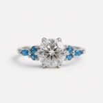 Round Moissanite Sapphire Engagement Ring, Tulip Basket 7 Stone Ring, Blue Accent Bridal Ring, VVS Moissanite Anniversary Ring