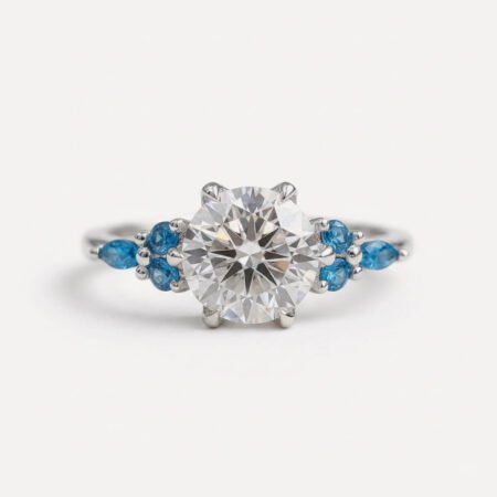 Round Moissanite Sapphire Engagement Ring, Tulip Basket 7 Stone Ring, Blue Accent Bridal Ring, VVS Moissanite Anniversary Ring