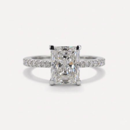 2.56 CT Radiant Cut Moissanite Engagement Ring, Trellis Prong Solitaire, Pavé Band Ring, Colorless VVS Bridal Ring, Gold Promise Ring