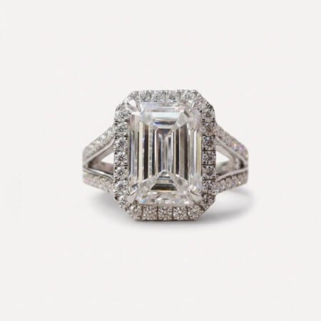 3.77 CT Emerald Cut Moissanite Halo Ring, Split Shank Engagement Ring, Pavé Diamond Style Bridal Ring, VVS Colorless Statement Ring