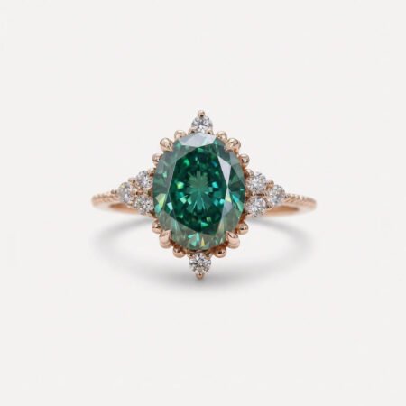 Green Oval Moissanite Halo Ring 2.76 CT, Art Deco Engagement Ring, Milgrain Vintage Ring, Rose Gold Bridal Ring, VVS Moissanite