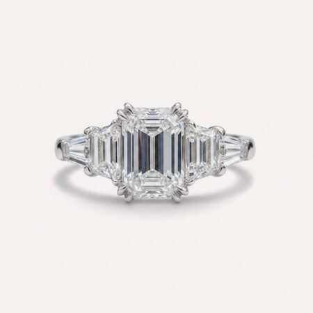 3.46 CTW Emerald Cut Moissanite Five Stone Ring, Trapezoid Side Stones Engagement Ring, Art Deco Step Cut Wedding Ring