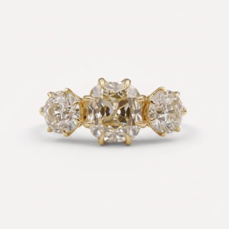 2.45 TW Yellow Moissanite Three Stone Ring Cushion Old Mine Cut Vintage Engagement Ring Round Side Stone Wedding Ring