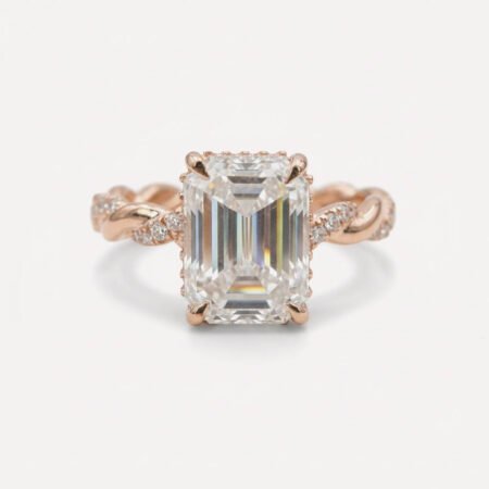 2.41 CT Emerald Cut Moissanite Ring Hidden Halo Twisted Pave Engagement Ring Rope Band Wedding Ring Silver Gold