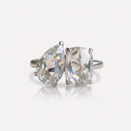 Rose Cut Toi Et Moi Moissanite Ring, Pear & Cushion Engagement Ring, Vintage 2 Stone Promise Wedding Ring for Her