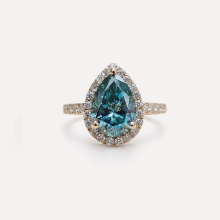 2.30 TW Pear Cyan Blue Moissanite Halo Ring, Pear Shaped Engagement Ring, Proposal Ring, Wedding Ring for Her