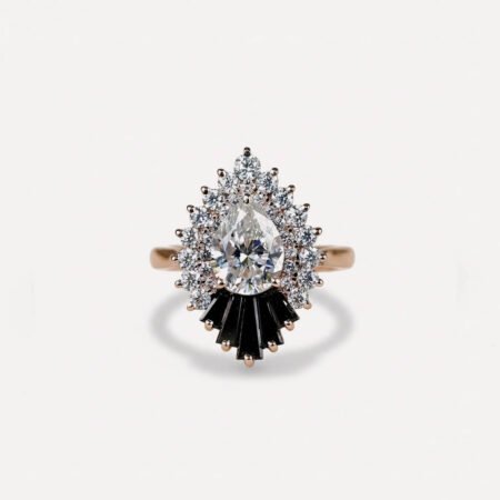 2.03 CT Pear Moissanite Double Halo Ring, Black Baguette Engagement Ring, Unique Vintage Wedding Ring Gift for Her