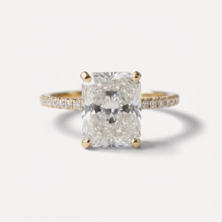 3.10 CT Radiant Cut Moissanite Hidden Halo Ring, Pave Band Engagement Ring, Colorless VVS Wedding Ring for Her