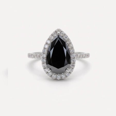 4.80CT Black Pear Cut Moissanite Halo Engagement Ring, Vintage Black Wedding Ring for Women, Statement Bridal Ring