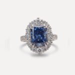 3.62TW Blue Radiant Cut Moissanite Halo Engagement Ring, Antique Vintage Wedding Ring, Double Claw Prong Bridal Ring