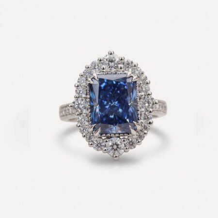 3.62TW Blue Radiant Cut Moissanite Halo Engagement Ring, Antique Vintage Wedding Ring, Double Claw Prong Bridal Ring