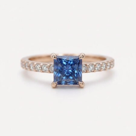 1 Carat Princess Cut Dark Blue Moissanite Engagement Ring, Pave Band Wedding Ring, Blue Solitaire Promise Ring for Her