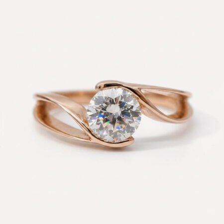 Bypass Set Round Moissanite Engagement Ring, 1.21CT Solitaire Wedding Ring, Twist Band Promise Ring, Unique Bridal Ring