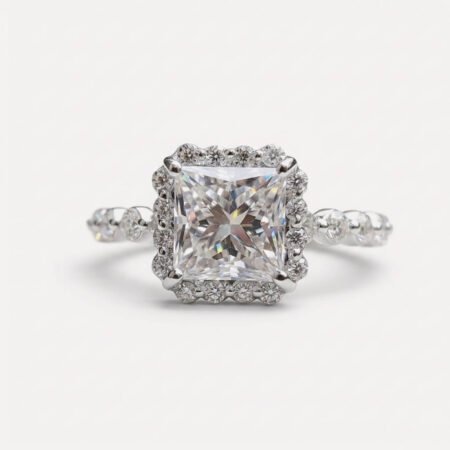 1.86CT Princess Cut Moissanite Halo Engagement Ring, Bubble Band Cluster Ring, Floating Halo Wedding Ring, VVS Bridal Ring