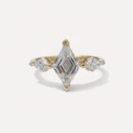 2.04CT Lozenge Cut Moissanite Engagement Ring, Kite Side Stone 3 Stone Ring, Geometric Cathedral Wedding Ring, Unique Bridal Ring