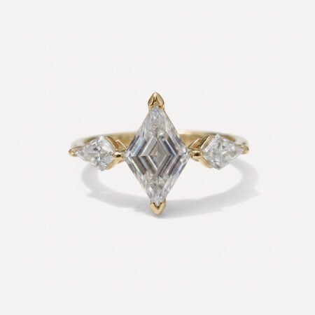 2.04CT Lozenge Cut Moissanite Engagement Ring, Kite Side Stone 3 Stone Ring, Geometric Cathedral Wedding Ring, Unique Bridal Ring