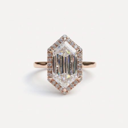 3.10CT Elongated Hexagon Moissanite Halo Engagement Ring, Geometric Diamond Shape Ring, Open Gallery Wedding Ring, Unique Bridal Ring