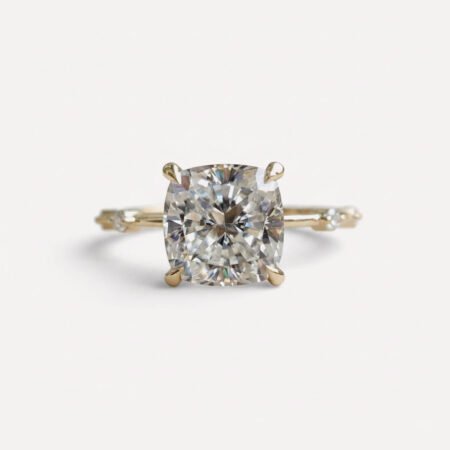3.21 CT Cushion Cut Moissanite Engagement Ring Distance Pave Band Solitaire Wedding Ring Minimal Gold Ring for Her