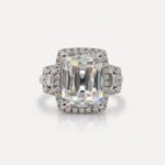 4.13CT Cushion Cut Moissanite Halo Engagement Ring, 3 Stone Vintage Ring, Baguette & Round Side Stones, Art Deco Wedding Ring