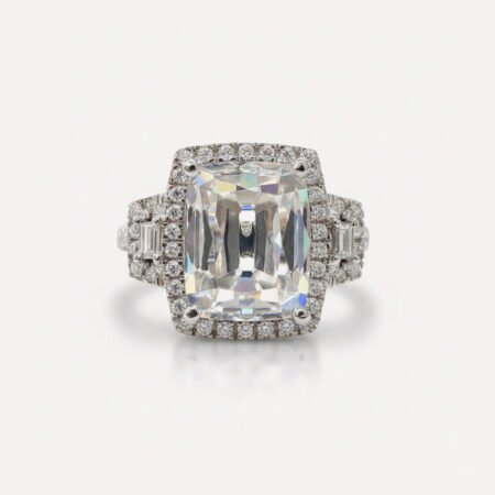 4.13CT Cushion Cut Moissanite Halo Engagement Ring, 3 Stone Vintage Ring, Baguette & Round Side Stones, Art Deco Wedding Ring