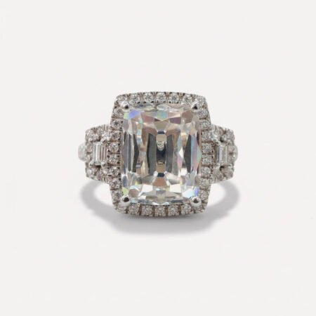 4.13CT Cushion Cut Moissanite Halo Engagement Ring, 3 Stone Vintage Ring, Baguette & Round Side Stones, Art Deco Wedding Ring