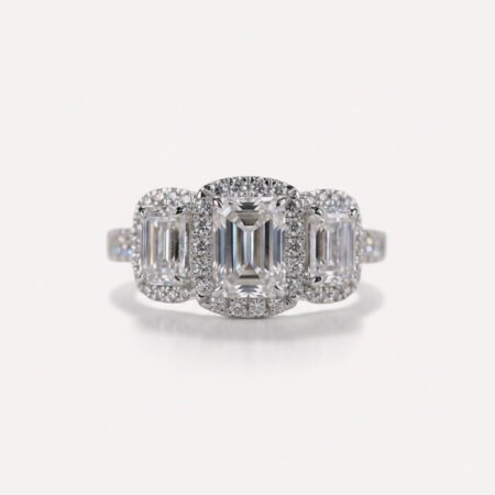 3 Stone Emerald Cut Moissanite Halo Ring 1.41CT Center Pave Engagement Ring Three Stone Wedding Ring Anniversary Ring for Her