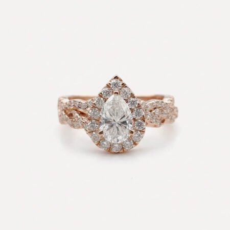 Pear Moissanite Halo Bridal Set Twisted Band Engagement Ring Set Matching Wedding Band Rose Gold Ring Set for Her