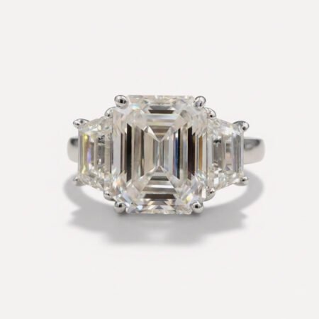 3.96CT Emerald Cut Moissanite Ring Trapezoid Side Stones Three Stone Engagement Ring Step Cut Wedding Ring VVS