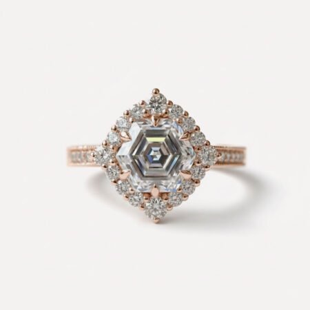 1.92 CT Hexagon Step Cut Moissanite Halo Ring, Art Deco Engagement Ring, Cluster Halo Pavé Band, Colorless VVS1 Bridal Ring
