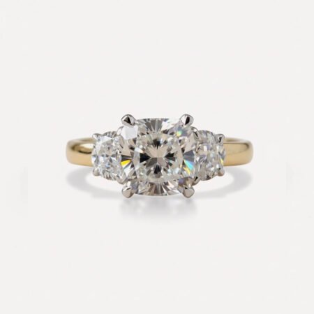 2.03 CT Cushion Cut Moissanite 3 Stone Ring, Half Moon Side Stone Engagement Ring, Trilogy Bridal Ring, Colorless VVS1 Gold Ring