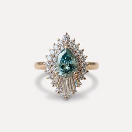 1.78 CT Cyan Blue Pear Cut Moissanite Halo Ring, Sunburst Baguette Cluster Engagement Ring, Art Deco Bridal Ring VVS1 Gold Ring