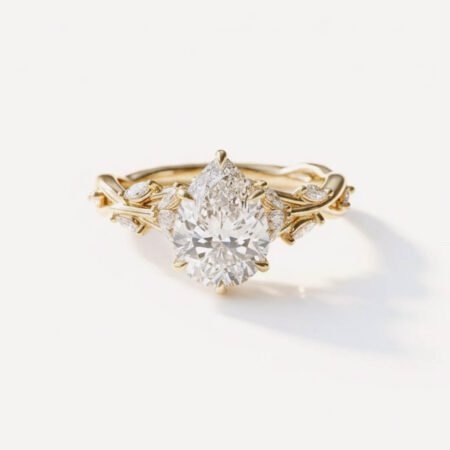 Nature Inspired 3 Carat IGI Certified Lab Grown Pear Diamond Engagement Ring, Leaf Inspired Twisted Vine Ring, Marquise Side Stones,18K Gold