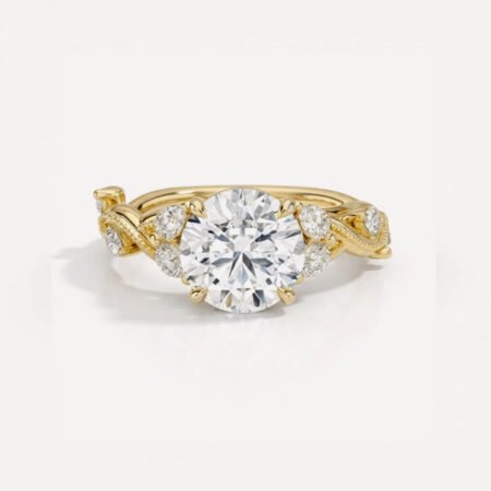2.41 CTW Round Cut Lab Grown Diamond Nature Inspired Engagement Ring, 2.03 CT E VS1 IGI Certified Pear Leaf Wedding Ring in 14K Gold