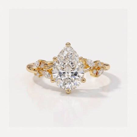 1.94 CTW Pear Cut Lab Grown Diamond Nature Inspired Engagement Ring, 1.78 CT E VS1 IGI Certified Leaf Vine Wedding Ring in 14K Gold