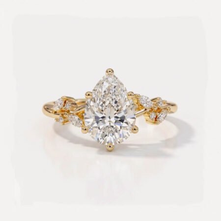 1.94 CTW Pear Cut Lab Grown Diamond Nature Inspired Engagement Ring, 1.78 CT E VS1 IGI Certified Leaf Vine Wedding Ring in 14K Gold