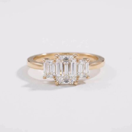 2.65 Ct Emerald Cut Lab Grown Diamond Three Stone Engagement Ring, E VS1, IGI Certified, 14K Gold